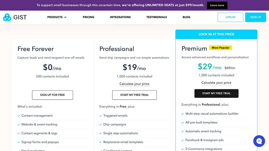 Gist's pricing page