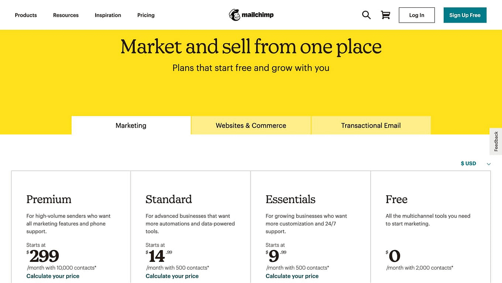Mailchimp's pricing page