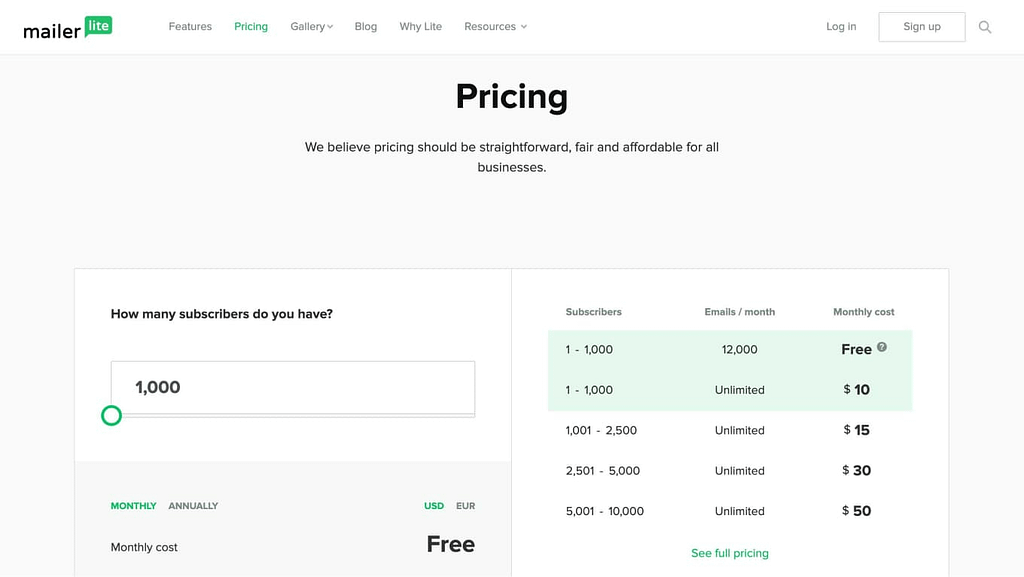 Mailerlite's Pricing Page