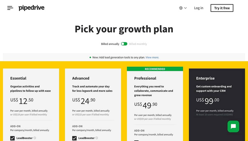 Pipedrive's Pricing Page