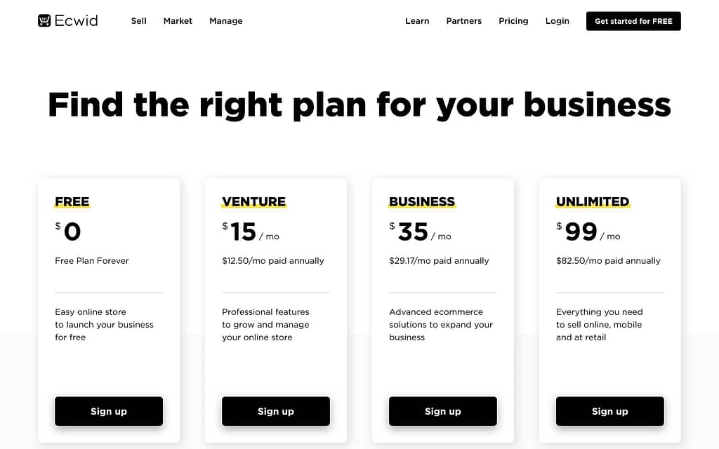 Ecwid's Pricing Plans