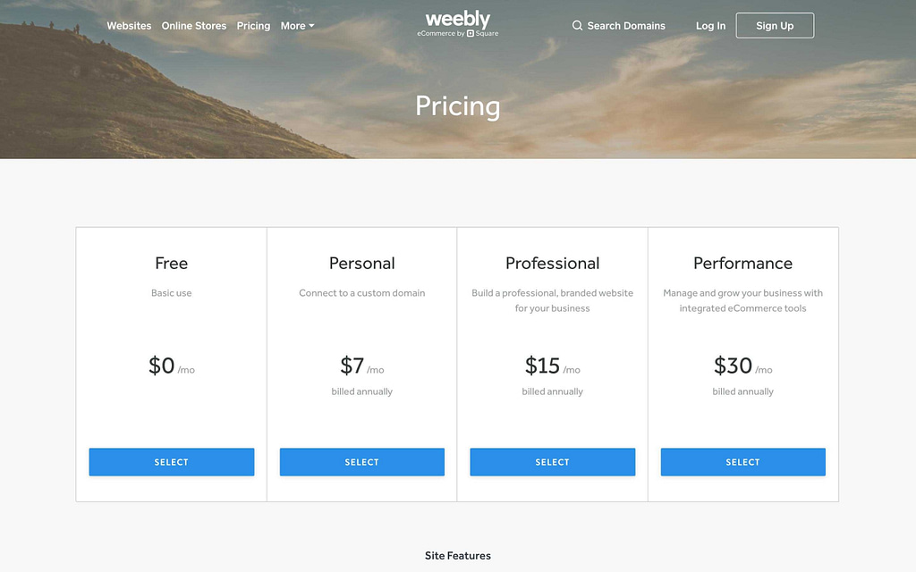 Weebly's Pricing Plans