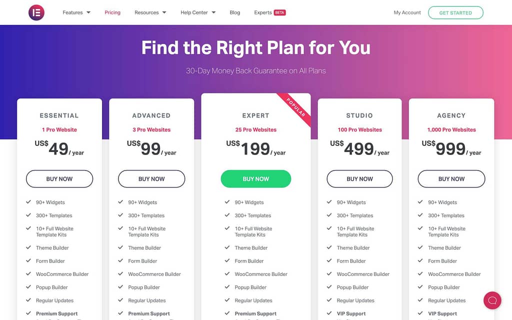 Elementor's Pricing Page