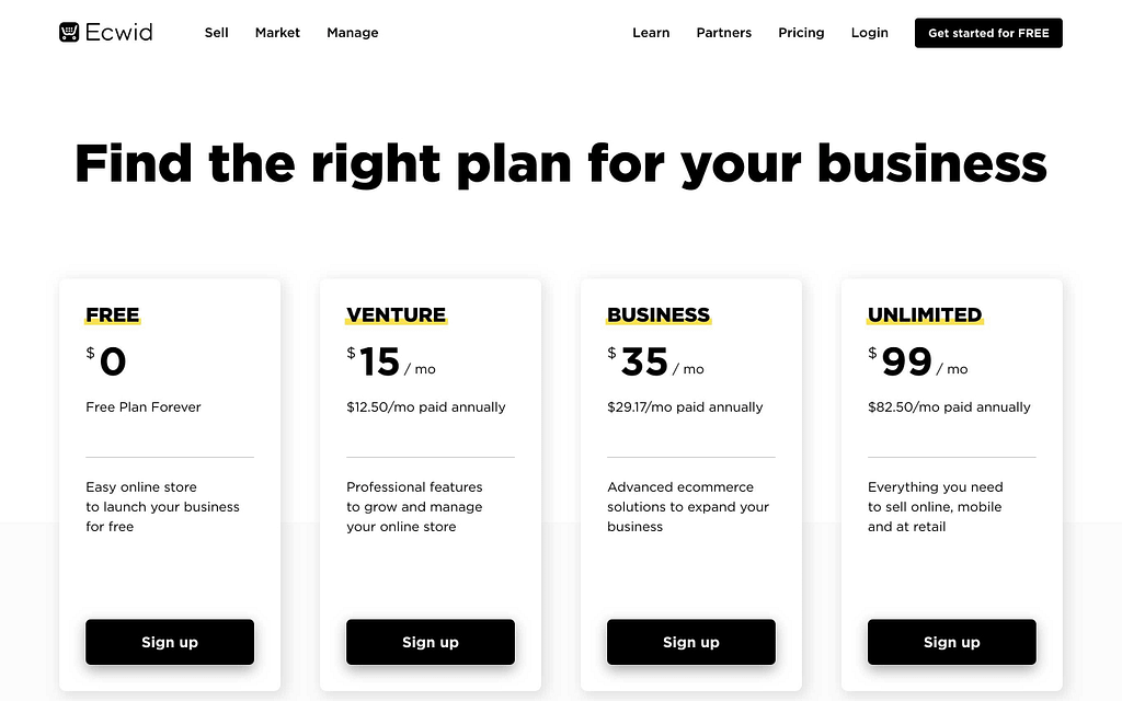 Ecwid's Pricing Plans