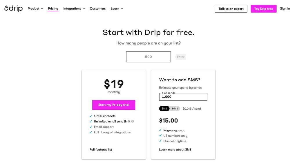 Drip's pricing page