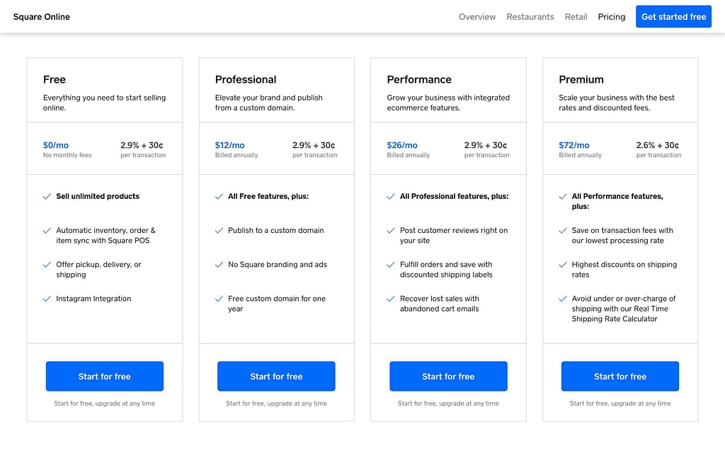 Square Online's Pricing Page