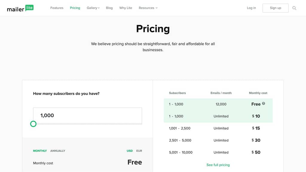 Mailerlite's Pricing Page