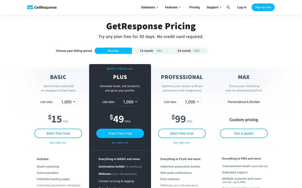 GetResponse's Pricing Plans